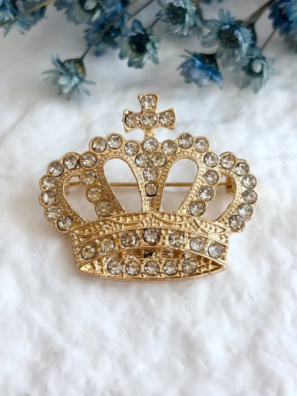 Crown Shaped Gold Toned Rhinestone Accented Vintage Inspired Brooch Pin